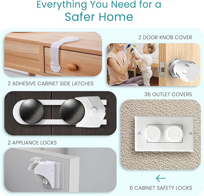 48-Pack Baby Proofing Kit, Child Safety Locks for Cabinet & Drawer, Outlet Covers, U-Shaped Locks & Door Knob Safety Covers, Complete Baby Protection for Home, Kitchen & Bathroom