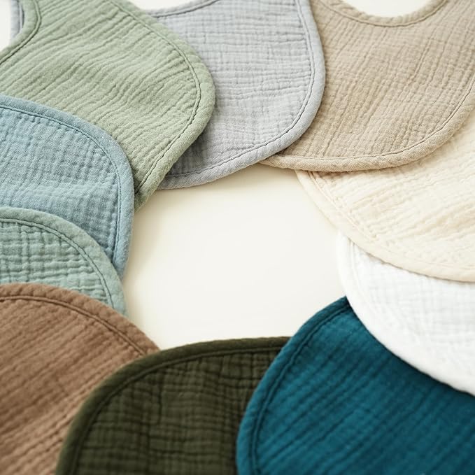 Konssy 10-Pack Muslin Baby Bibs, Soft Cotton Bandana Bibs for Drooling & Teething, Unisex Solid Colors for Boys & Girls, Newborn & Infant