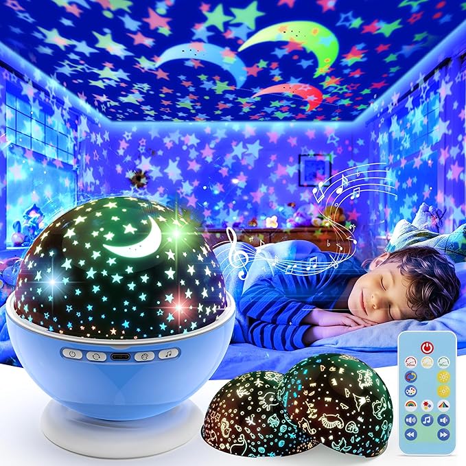 Night Light Projector,Night Light for Kids Room with Remote and Timer,360° Rotation,3 Projection Films,18 Light Modes,8 Lullaby Songs,Kids Night Lamp, Birthday Christmas Gifts for Boys Girls (Blue)