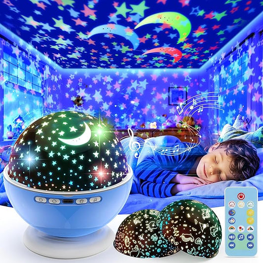 Night Light Projector,Night Light for Kids Room with Remote and Timer,360° Rotation,3 Projection Films,18 Light Modes,8 Lullaby Songs,Kids Night Lamp, Birthday Christmas Gifts for Boys Girls (Blue)