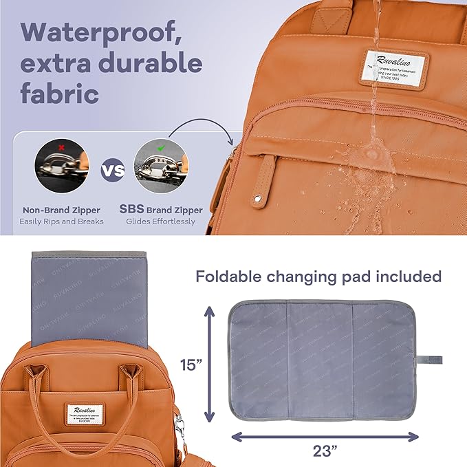 RUVALINO Diaper Bag Backpack-Multifunction Baby Travel Bag with Changing Pad, Insulated Bottle Holders & Pacifier Case, Large Capacity, Waterproof, Maple Orange