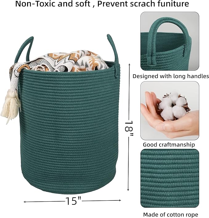 Cotton Rope Laundry Basket Hamper for Clothes Woven Storage Basket for Living Room Bedroom Boho Tall Rope Baskets for Blanket Toys Pillow Towels Baby Nursery Hamper Bin Large dark green