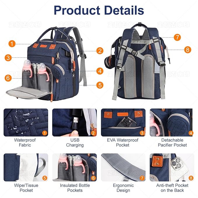 Baby Diaper Bag Backpack, with Diaper Changing Station, Multi-functional Travel Diaper Waterproof Backpack, for Baby Boys and Girls, Folding Portable Nappy Changing Mat and Sun Canopy(Large Blue)