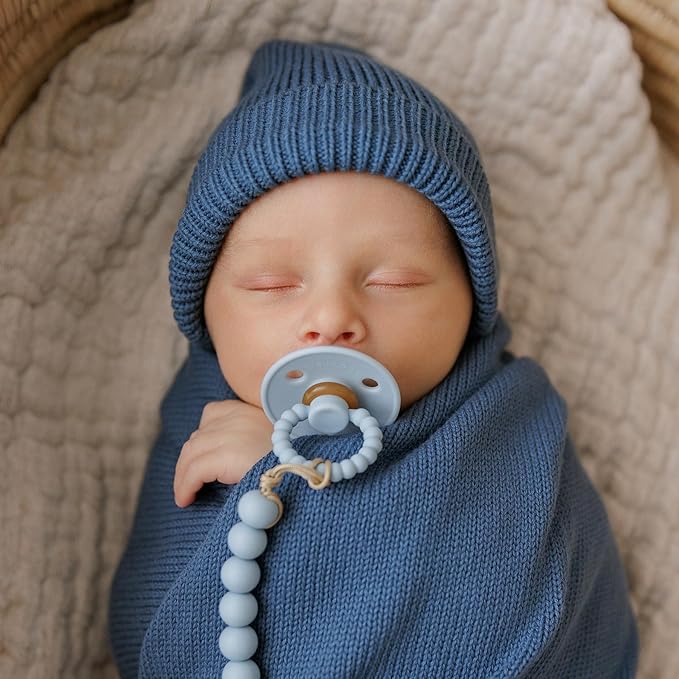 Luladream Pacifier and Clip Set - Natural Rubber Nipple - Soft Teething Handle - for Infants Baby's and Toddlers, 0-18 Months (Sky Blue + Ash Blue + Clips)