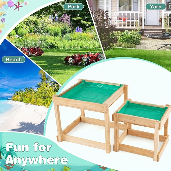 Costzon 2 PCS Wood Kids Sensory Table with Protective Cover, Built-in Liner, Space-Saving Nesting Design for Yard, Garden, Beach, Outdoor Play, Sand and Water Table for Children