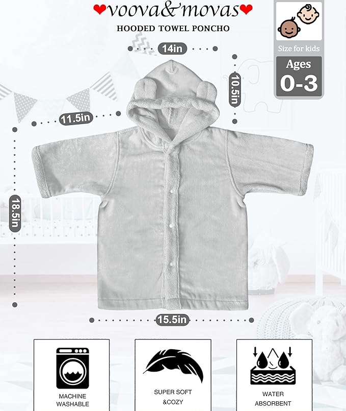 VOOVA & MOVAS Baby Hooded Bath Towel with Bear Ear (0-3Years) 100% Cotton Soft Absorbent Skin-Friendly Bath Pool Beach Towel Robe for Newborns & Infants - Perfect Set,Gray
