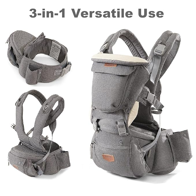 SUNVENO 3 in 1 Ergonomic Baby Carrier with Hip Seat for Newborns and Toddlers, Supports 20 lbs and Up, Waist and Back Relief with Large Weight Capacity for All Season Use, Grey