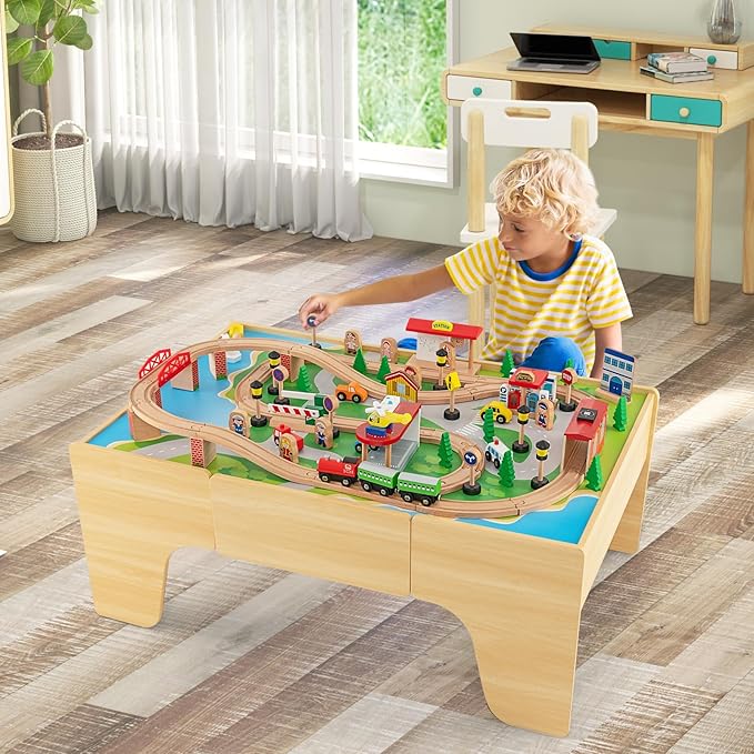 GLACER 84-Piece Train Table, Large Multipurpose Wooden Toy Activity Table Playset with Reversible Detachable Tabletop, Railway Tracks, Trains, Cars, DIY Design, Gift for Boys Girls Ages 3+