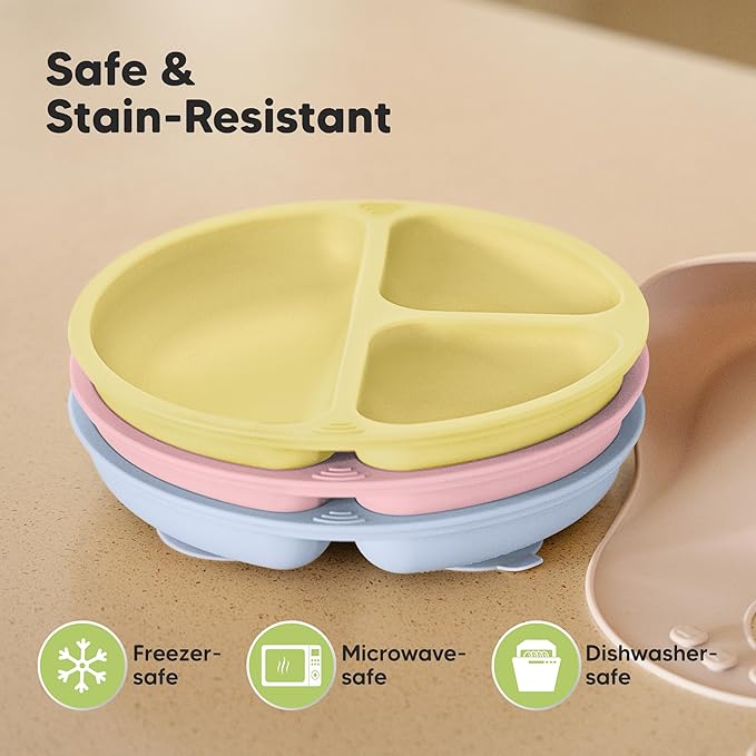 KeaBabies Suction Plates for Baby, Toddler - 3-Pack 100% Silicone Toddler Plates with Suction, Divided, BPA-Free Baby Led Weaning Essentials for Kids, Dishwasher, Microwave Safe, Durable (Popsicle)