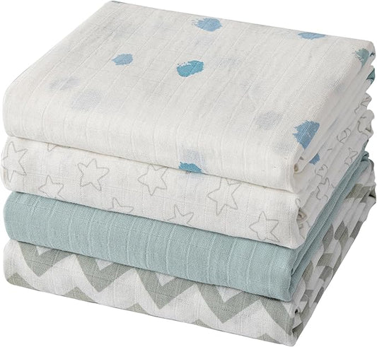 Muslin Swaddle Blankets for Boys & Girls, Receiving Baby Blanket for Newborns, Large 47 x 47 Inches, Soft Breathable Baby Swaddles, 4 Pack Stars & Striped