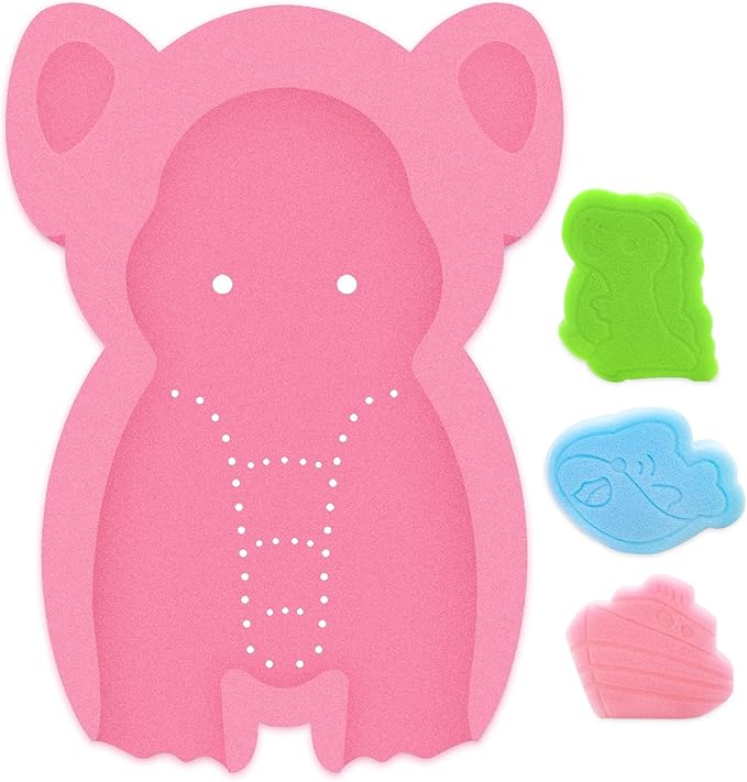 Soft Infant Bath Sponge Elephant Baby Bath Mat Newborn Comfy Foam Skid-Proof Cushion (Pink 1Set)