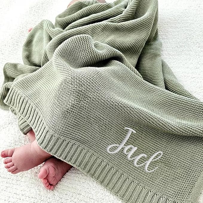 Luxury Personalized Name Knitted Baby Blanket -Embroidered, Soft Breathable Cotton Knit for Newborns - Valentine's Gift for New Moms, Baby Boy, Girl Birthday Christmas.