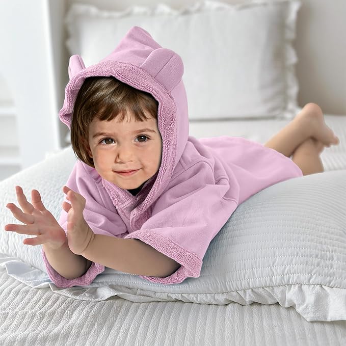 VOOVA & MOVAS Baby Hooded Towel with Bear Ear, 0-3Years | 100% Cotton,Low Lint, Ultra-Soft & Absorbent | Gentle for Sensitive Skin, Bath, Pool & Beach Towel | Newborn (Pink)
