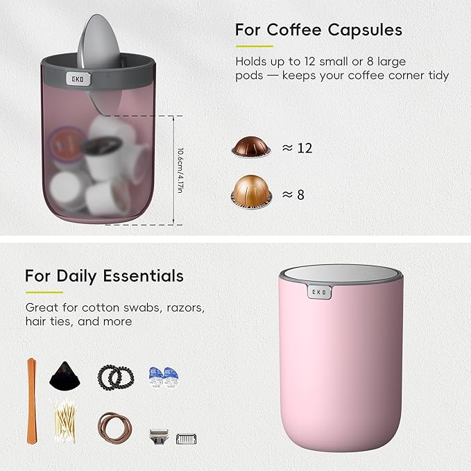 EKO Mini Desk Trash Can with Swing-Top Lid 0.4 Gallon Small Table Round Wastebasket for Office, Home, Car (Pink)