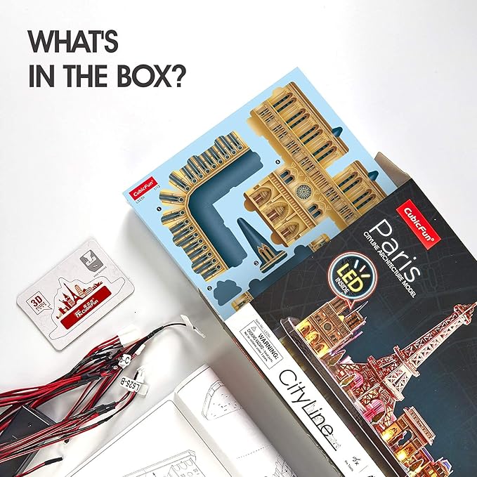 CubicFun 3D Puzzle LED Paris Cityline, 115 Pieces, 1 Count, Ages 8-12, Modern Style, Unisex, Gray, Intermediate Skill, Patience Skill, 15.748 x 4 x 12.87 inches, Assembly & Disassembly, PUZZLES