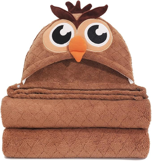 Baby Hooded Towels for Boys 0-5 Years,Ultra Thick Soft & Absorbent Towel for Toddler Boy, 50 x 32 Inches Large Size Coral Fleece with Animal Hood and Buttons, Brown Owl