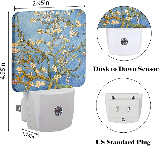 Puzzle Almond Tree Night Light,Plug Into Wall for Boys Girls Bedroom Decorative Square Night Light Lamp 0.5w Sleep Friendly