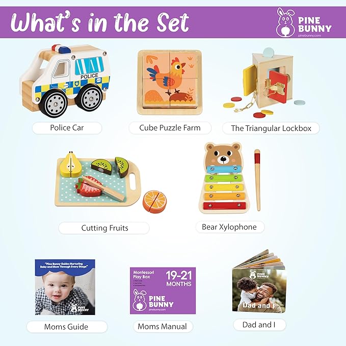 Pine Bunny Montessori Wooden 10-in-1 Toy Set for 19+ Months, Police Car, Triangular Lockbox, Cutting Fruits, Farm Cube Puzzle, Bear Xylophone, Educational Learning Problem Solving Music Toddler Toys