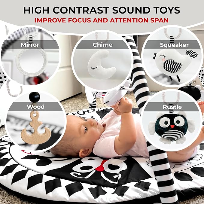 QUOKKA Padded Baby Gym Mat for Floor Tummy Time - Super Soft Black&White Play Gym Mat for Kids Toddlers & Infants - 6 Toys | Thick Pad | Machine Washable | Black White Colors for Vision Development