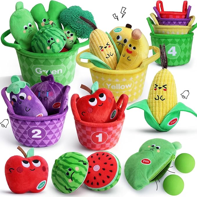 My First Fruit Vegetable Basket, 10 PCS Play Food for Toddler with Sorting Basket, Shapes Sensory Bean Bags, Baby Sensory Toys, Sorting Matching Playset, Soft Plush Stuffed Toys with Crinkle, Rattle