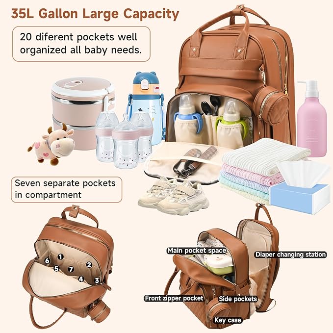 Leather Diaper Bags with Changing Station，Baby Bag，Large Capacity Diaper Bag Backpack for Moms Dads,Waterproof Diaper Backpack（Brown）