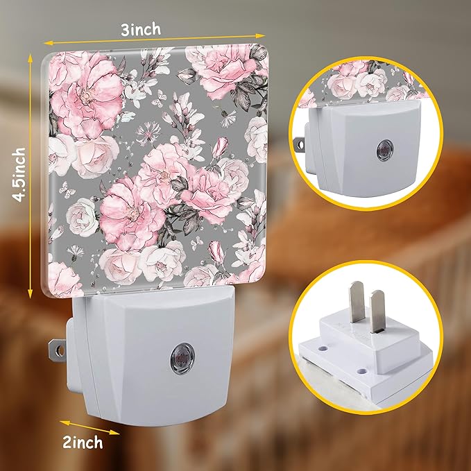 Night Light Plug Wall,Pink Flowers and Grey Leaves LED Night Lights with Dusk to Dawn Light Sensor for Women Girls Boys Room Decor,Hallway,Kitchen,Bathroom,Nursery,Stairs