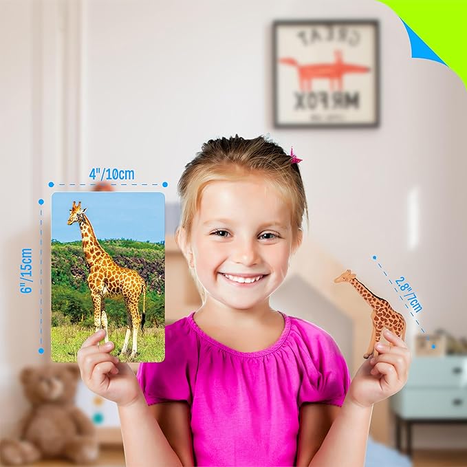 15 PCS Safari Animal Figurines with 15 Introducing Flashcards, Realistic Zoo Animal Figures Montessori Toys Science Educational Matching Game for Homeschool Preschool Toddler Kids