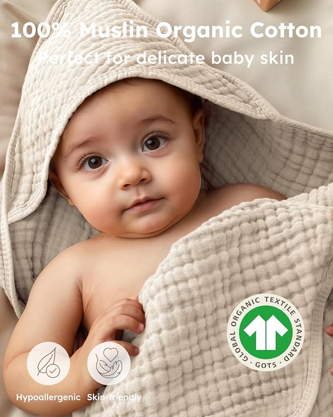 Yoofoss Hooded Baby Towels for Newborn 2 Pack 100% Muslin Organic Cotton Baby Bath Towel with Hood for Babies, Infant, Toddler and Kids, 37.5“x37.5“, Soft and Absorbent Newborn Essential,Apricot&Green
