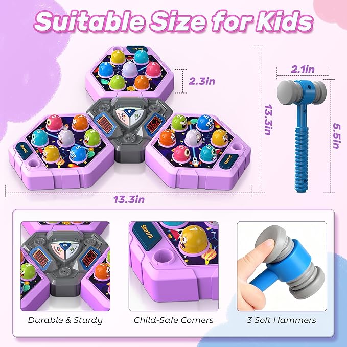 3-Player Whack Game Mole Toy for Ages 3+, Early Learning Toy with Lights & Sounds, Interactive Pounding Hammer Toy with 3 Game Modes, Perfect for Families with Multiple Kids of Different Ages