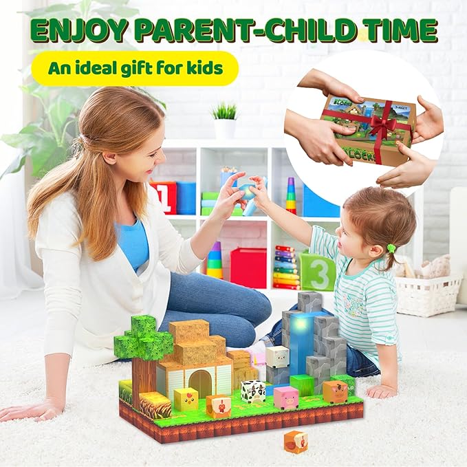 Magnetic Blocks - 138 PCS Building Blocks Set with 3 Light-Up Blocks, STEM Construction Cubes Toys for Kids 4-8, Toddler Sensory Stacking Toys, Christmas Birthday Gift for Boys and Girls Ages 3+