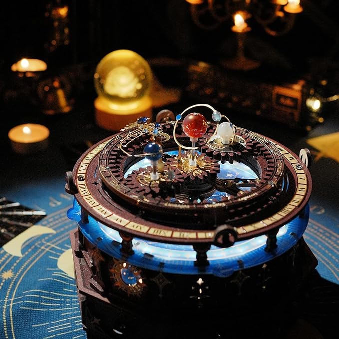 MU 3D Wooden Puzzles The Planisphere Rotating World Globes Craft Work 3D Metal Puzzle Models Kits Treasure Boxes Miniature Building, Music Box DIY Set Birthday New Year Gifts Home Desk Office Decor