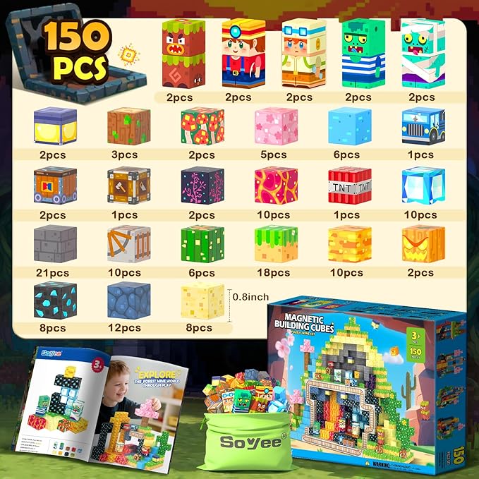 Soyee Magnetic Blocks 150 PCS Building Toys for Ages 4-8 9-12 3-5 Forest & Mine Theme Magnet Building Cubes STEM Sensory Toys for Kids for Boys & Girls