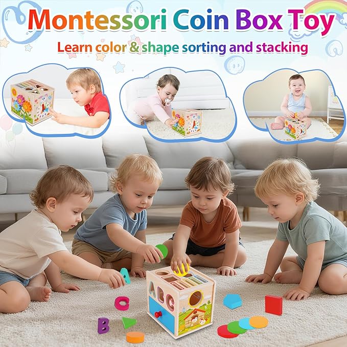 FCSONU Toddlers Montessori Toys for 1 2 3 Year Old Boys Girls, Wooden Baby Montessori Coin Box Toys for Toddlers 1-3, Shape Sorting Sensory Toys for Ages 2-3, Christmas & 1st Birthday Gifts for Kids