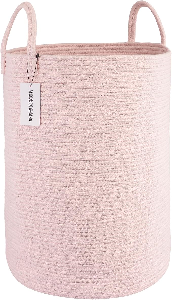 Cotton Rope Laundry Basket Hamper for Clothes Woven Storage Basket for Living Room Bedroom Boho Tall Rope Baskets for Blanket Toys Pillow Towels Baby Nursery Hamper Bin Large light pink