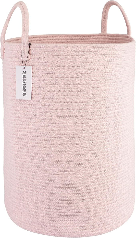 Cotton Rope Laundry Basket Hamper for Clothes Woven Storage Basket for Living Room Bedroom Boho Tall Rope Baskets for Blanket Toys Pillow Towels Baby Nursery Hamper Bin Large light pink