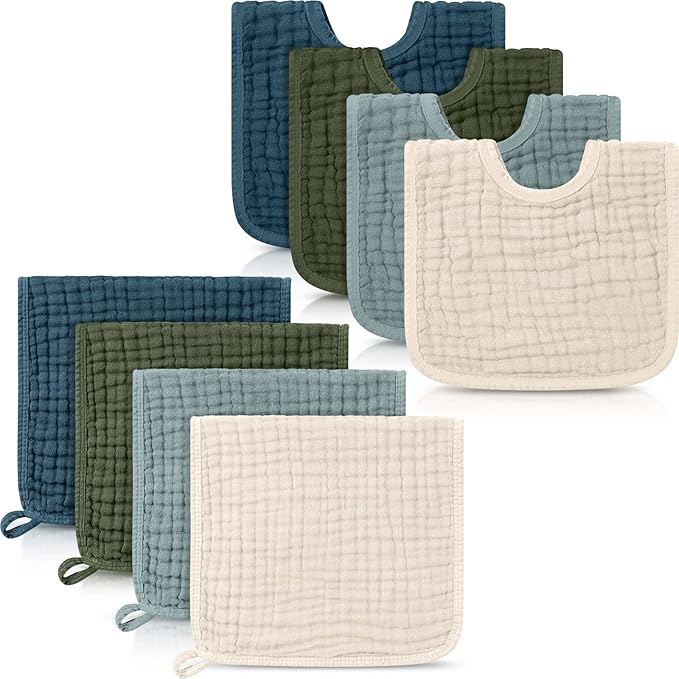 Tallew 8 Pack Muslin Burp Cloths and Baby Bibs for Boy Girl 20" x 10" Cotton Baby Bandana Drool Bibs Muslin Burp Cloths Absorbent Rag for Newborn Toddler Infant Gifts(Light Color)