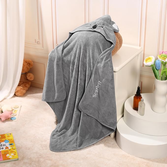 Personalized Baby Towels for Newborn Custom Embroidery Name Hooded Baby Bath Towels for Boy Girl Newborn Essentials Must Haves Shower Gift Soft Coral Velvet 30"x30" (Gray)