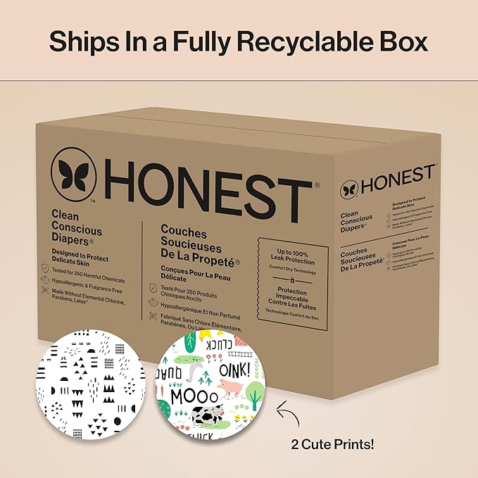 The Honest Company Clean Conscious Diapers for Delicate Skin, Up to 100% Leakproof Hypoallergenic Fragrance-Free Baby Diapers, Gender Neutral Prints, Super Club Box, Size 7 (41+ lbs), 64 Count