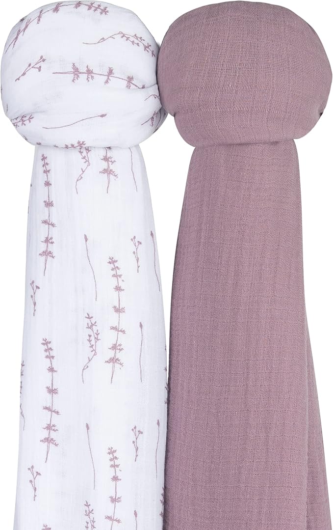 Ely's & Co. Muslin Swaddle Blanket 2-Pack — 100% Cotton Muslin Extra-Large Swaddle Blankets (47” x 47”) Solid + Printed (Delicate Leaves + Solid Lavender)