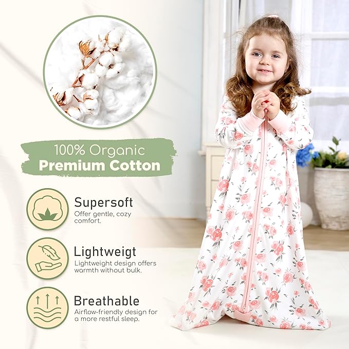 Mama Cheetah Baby Sleep Sack with Sleeves, 0.5 TOG Organic Cotton Wearable Blanket and Two-Way Zipper, Swaddle Transition Long Sleeve Sleeping Bag for Newborn Infant Toddler, 18-24 Months