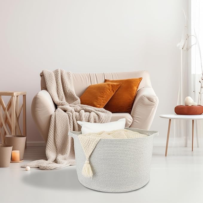 Large Cotton Rope Basket – 22"x14" Woven Storage Baskets for Blankets, Toys, Laundry, and Nursery – Round Basket for Living Room, Kids, and Pets Grey