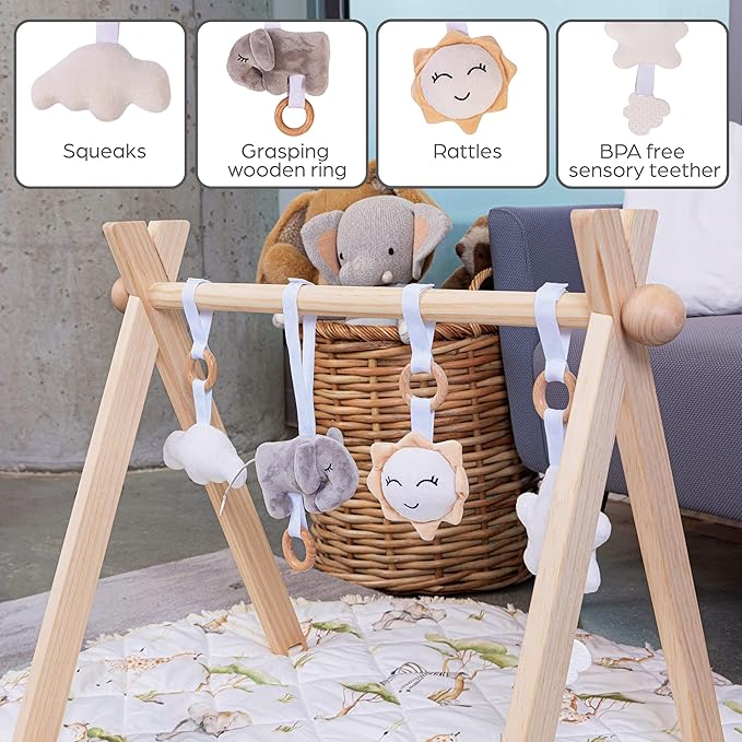 Montessori Wooden Baby Play Gym and Mat | Heirloom-Quality FSC Pine, Reversible Washable Mat, Includes Hanging Toys | Neutral Baby Activity Gym for Newborn to 6 Months