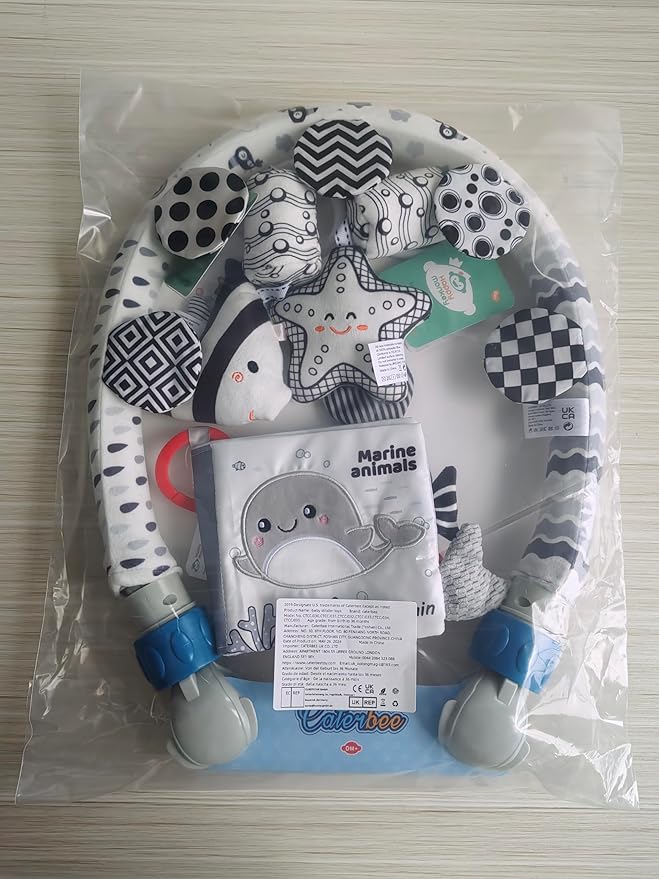 Baby Activity Travel Mobile Arch Bassinet Toy, Black and White High-Contrast Crib Toys, with Rattle and Book, Strolle,Pram and Crib Attachment with Hanging Toys (Ocean)