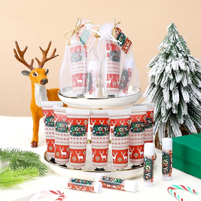 24 Sets Christmas Ugly Sweater Baby Shower Hand Cream and Lip Balm Gift Christmas Party Favors Travel Size Hand Lotion and Lip Balm Bulk Winter Wedding Bridal Shower Party Supplies for Guest