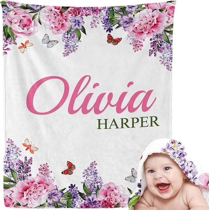 EVER2000 Personalized Baby Blanket for Girls, Custom Floral Baby Blanket with Name, Soft & Fuzzy Newborn Receiving Blankets for Toddler, Customized Baby Gifts for Birthday Baby Shower