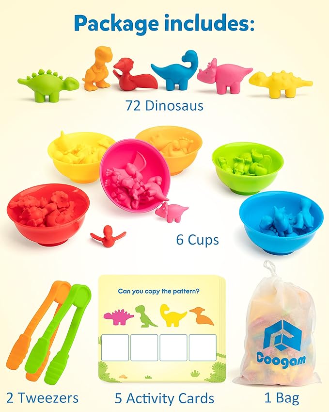 Coogam Counting Dinosaur Sorting Toy Set, Color Matching Classification Game, Montessori Fine Motor Skill Preschool Educational Montessori Learning Toys for 3 4 5 Years Old