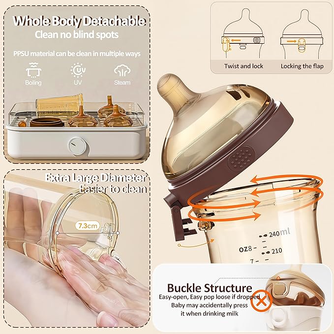 PPSU Baby Bottle, Bottles for Breastfed Babies with Handles and Straw, Flip-top Anti-Colic Baby Bottles 8oz/240mL 6-12 Months