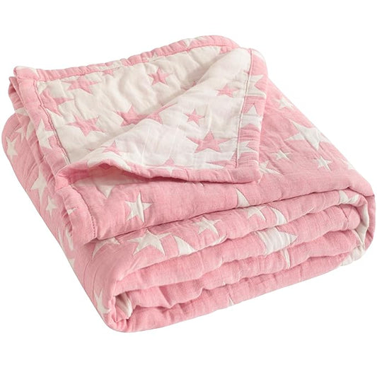 NTBAY 3 Layer Oversized Muslin Cotton Toddler Blanket, 45x60 Inches Jacquard Reversible Nursery Bed Blanket, Super Soft and Thermal Crib Blanket for All Seasons, Baby Gift, 45"x60", Pink/White Star