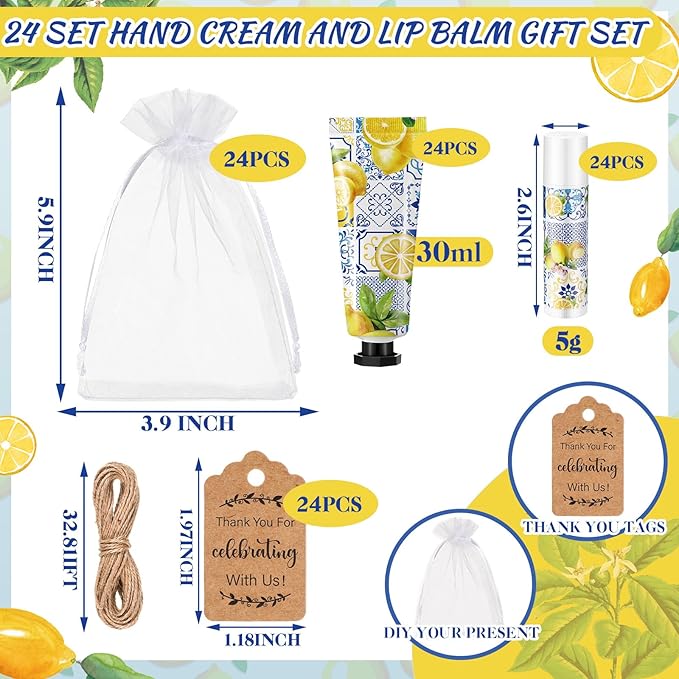 24 Sets Lemon Hand Cream and Lip Balm Gift Lemon Bridal Baby Shower Party Supply Travel Size Hand Lotion and Lip Balm Bulk with Organza Bag and Tag Wedding Baby Shower Party