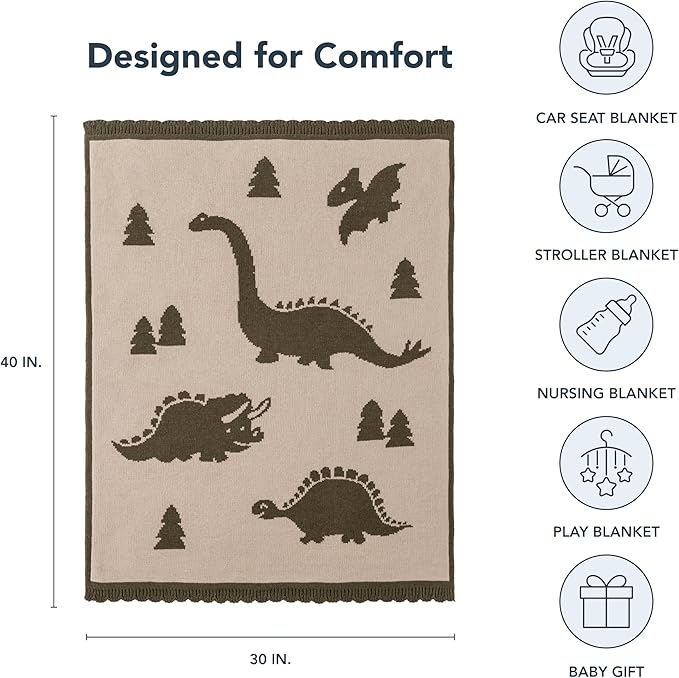 Berkshire Baby Blanket,Ultra-Plush Reversible Chenille Knit Toddler Blanket,Cute Pattern Nursery Crib Blanket,Ideal Baby Gift(30x40 Inches,Dino WalkKalamata)